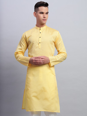 rutva Men Embroidered Straight Kurta(Yellow)