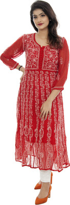ADR CHIKAN Women Printed Anarkali Kurta(Red)