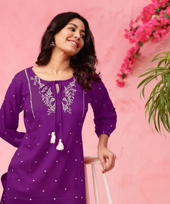 Laxmi Fab Tex Women Printed Straight Kurta(Purple)