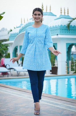 IKRASS Women Printed A-line Kurta(Blue)