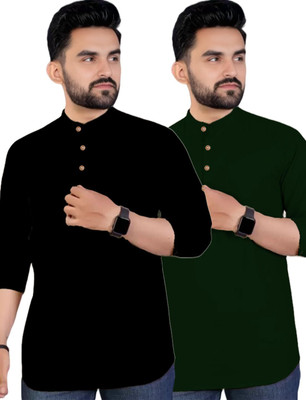 indirae Men Solid A-line Kurta(Green)