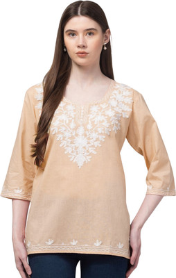 OMAYA Women Embroidered Straight Kurta(Beige)