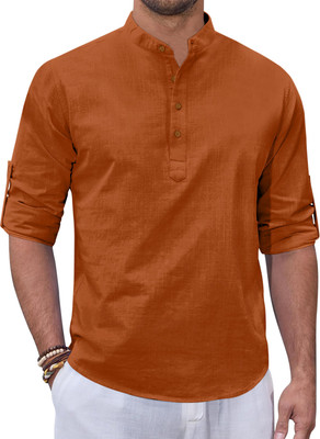 ZOMBOM Men Solid, Self Design Straight Kurta(Orange)