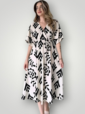 Shreejagdamba Women Gown Black, White Knee Length Dress