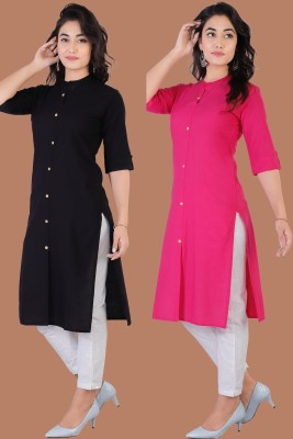 Rimeline Fashion Women Solid Straight Kurta(Black, Pink)