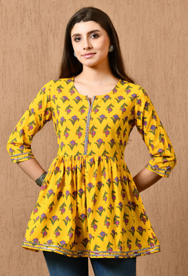 Glowworld Women Printed Flared Kurta(Yellow)