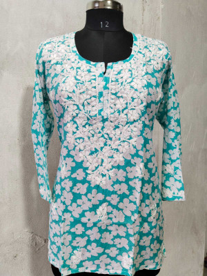 Aqsha Chikan Handicraft Women Printed A-line Kurta(Light Blue)