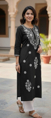 ChikankariArts Women Embroidered Straight Kurta(Yellow)