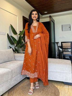 Sundari Style Women Embroidered Gown Kurta(Orange)