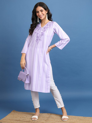 Vishudh Women Printed Straight Kurta(Purple)