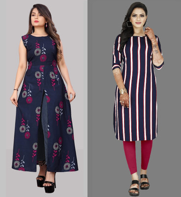 tanvi creation Women Striped Straight Kurta(Blue, Purple)