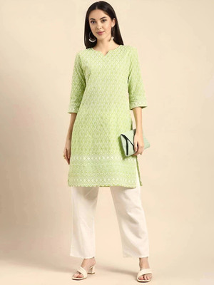 vestito Women Chikan Embroidery A-line Kurta(Green)