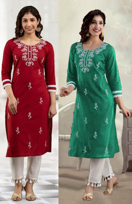 vikshi Women Chikan Embroidery Straight Kurta(Multicolor)