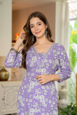 Lakasadapapel Women Printed Straight Kurta(Purple)