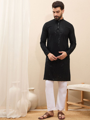 House of Pataudi Men Embroidered Straight Kurta(Black)