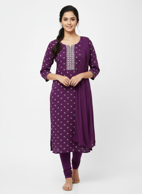ARIOMAC Women Printed, Embroidered Straight Kurta(Purple)