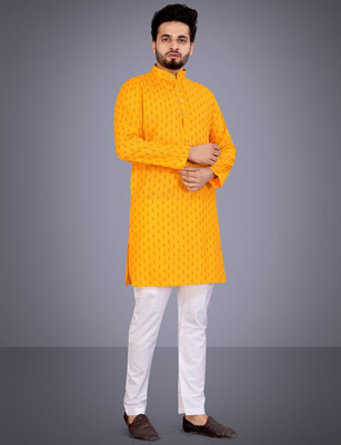 SPOQUE Men Printed Straight Kurta(Yellow)