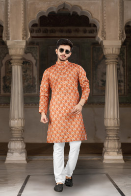 DHASU TRENDZ Men Printed Straight Kurta(Orange)