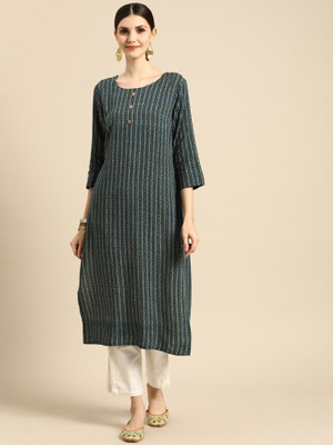 ANOUK Women Striped Straight Kurta(Dark Blue)