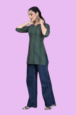 THEICON Women Striped A-line Kurta(Green)