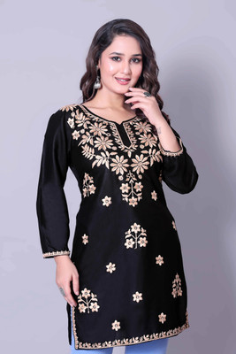 RUDRA LIFESTYLE Women Chikan Embroidery A-line Kurta(Black)