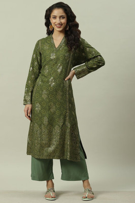 BIBA Women Printed Straight Kurta(Green)