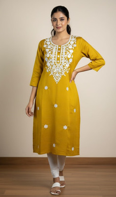 sofiacollection Women Embroidered Straight Kurta(Yellow)