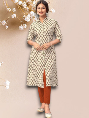 ABHI FAB Women Printed Straight Kurta(Beige)
