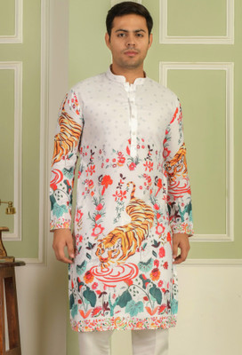 LEMONX Men Printed Straight Kurta(White)