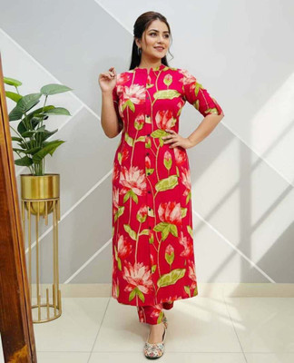 Bharat Selino Women Floral Print Straight Kurta(Red)