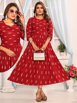 SHUKHRANA CREATION Women Ikat Anarkali Kurta(Red)