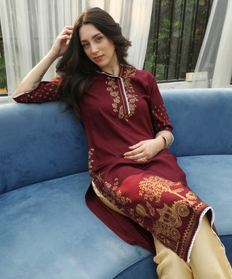 QISSA Women Printed A-line Kurta(Beige, Maroon)