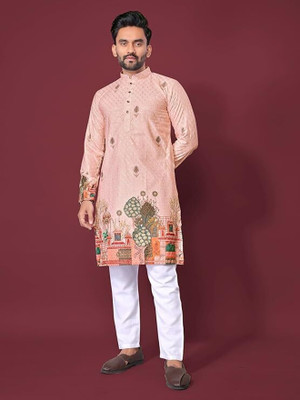 Atulya Men Printed Straight Kurta(Pink)