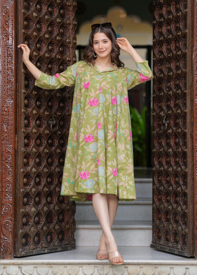 Jollity Women Printed Flared Kurta(Light Green)