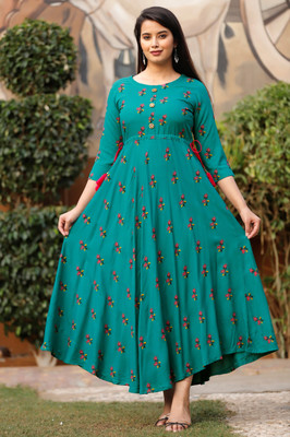 tavgun Women Floral Print Flared Kurta(Green)
