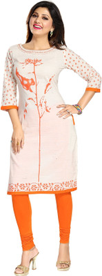 SC KURTIS Women Self Design Straight Kurta(White, Orange)
