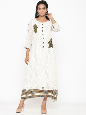 all about you Women Polka Print A-line Kurta(White)