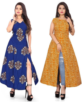 Hiral Creation Women Printed Frontslit Kurta(Blue)
