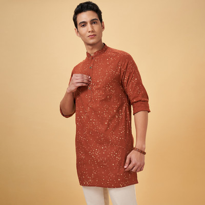 Indus Route by Pantaloons Men Printed A-line Kurta(Orange)