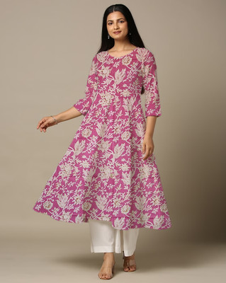 World of Mystery Women Floral Print Anarkali Kurta(Pink)