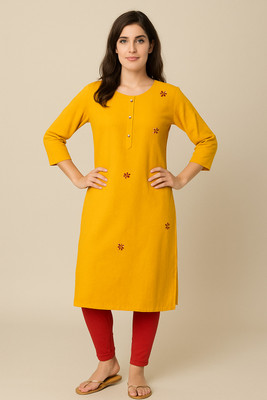 stylegenix Women Solid, Embroidered Straight Kurta(Yellow)