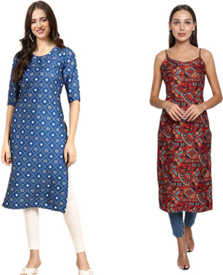 KAUTAQI Women Printed Straight Kurta(Multicolor)
