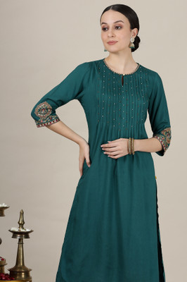 Aurelia Women Solid Straight Kurta(Green)