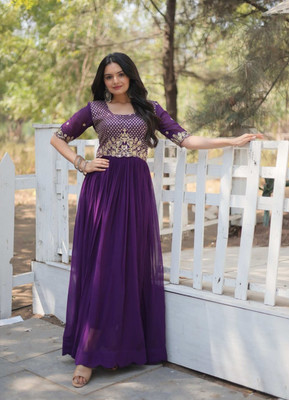 FOXDX Women Embroidered Gown Kurta(Purple)