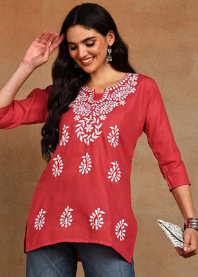 TOP N THREAD Women Chikan Embroidery, Embroidered A-line Kurta(Red, White)