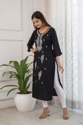 Kapadia Women Embroidered Straight Kurta(Black)