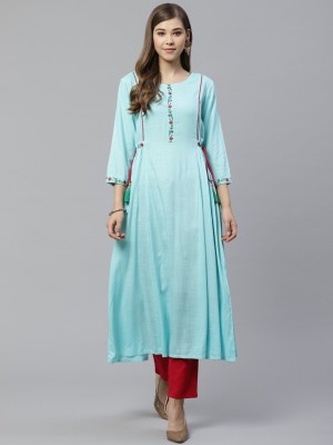 Yash Gallery Women Embroidered, Solid A-line Kurta(Blue)