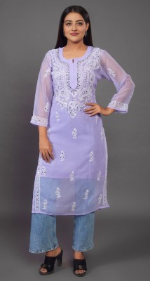 ElegantFashion Women Chikan Embroidery A-line Kurta(Purple)