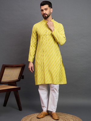 House of Pataudi Men Embroidered Straight Kurta(Yellow)