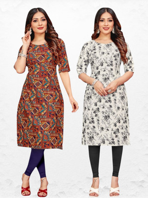Nitya Trendz Women Printed Straight Kurta(Brown, White)